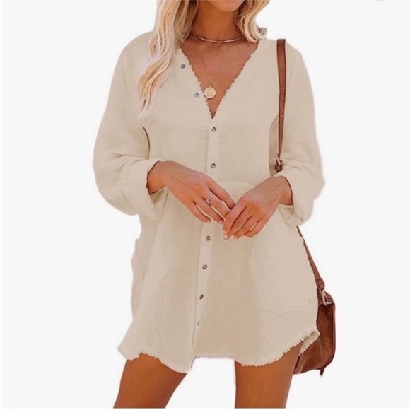 Amazon Dresses & Skirts - Amazon Long Sleeve Button Down Beach Cover Up Dress Size large 100% cotton